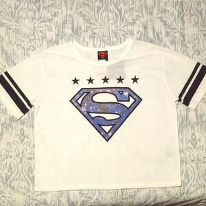 Rare DC Comics White Supergirl Logo Black Stars Stripes Crop T-shirt Medium